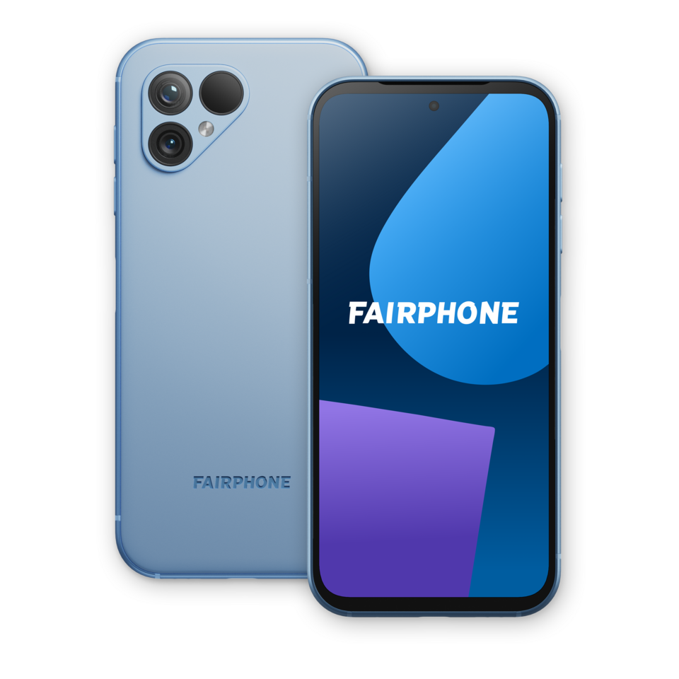 Fairphone-toestel gezien van voor- en achterzijde